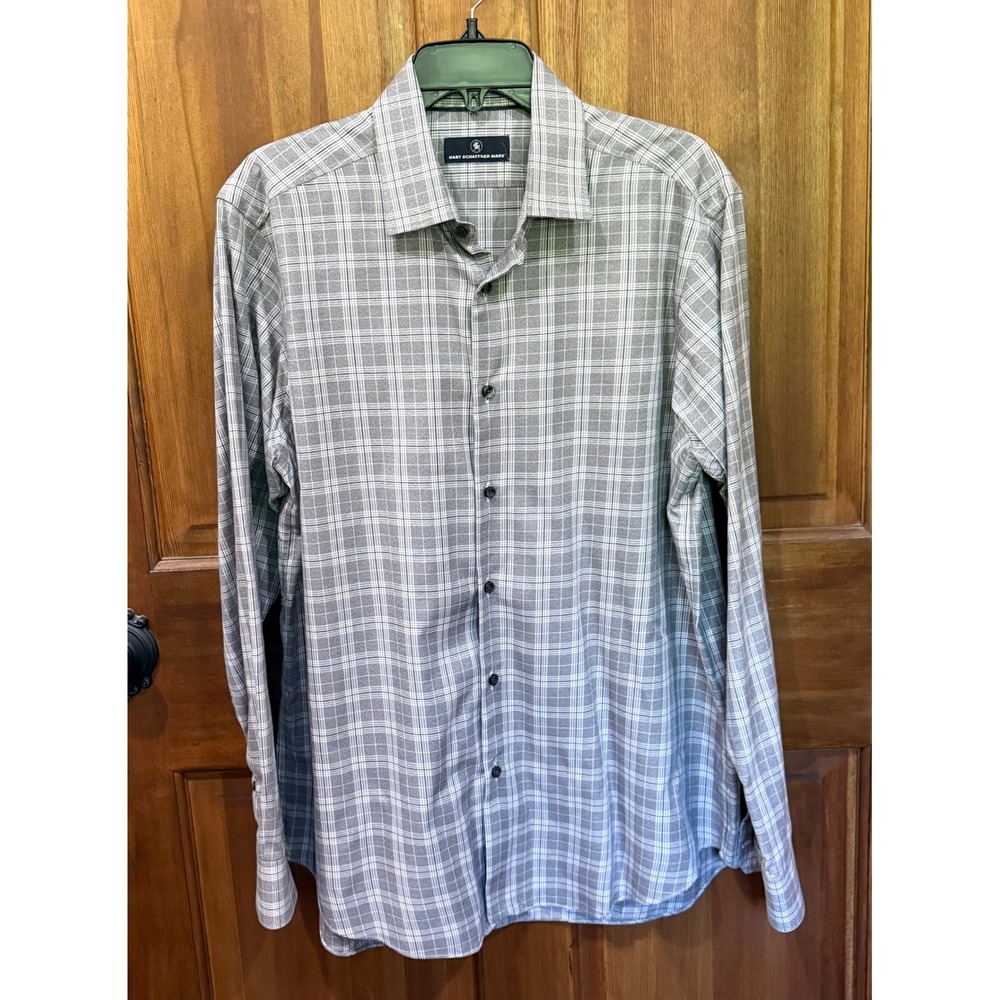 Hart Schaffner Marx Mens Grey White Plaid Long Sleeve Button Down Shirt Regular